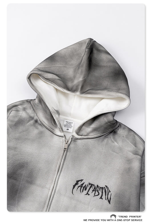 Men's Distressed Fleece Hoodie - Heavyweight Washed Pullover, High Street Style