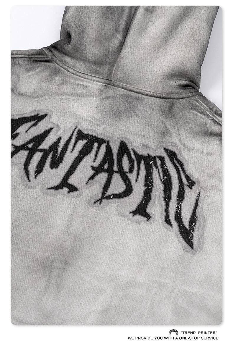 Men's Distressed Fleece Hoodie - Heavyweight Washed Pullover, High Street Style