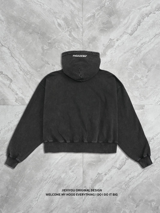 Embroidery Letter Zip Hoodie - Black Streetwear, Oversized Fit