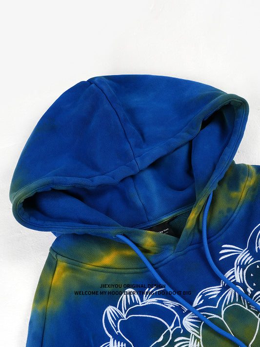 Unisex Vintage Tie Dye Hoodie - Embroidered Blue Pullover, Retro Streetwear