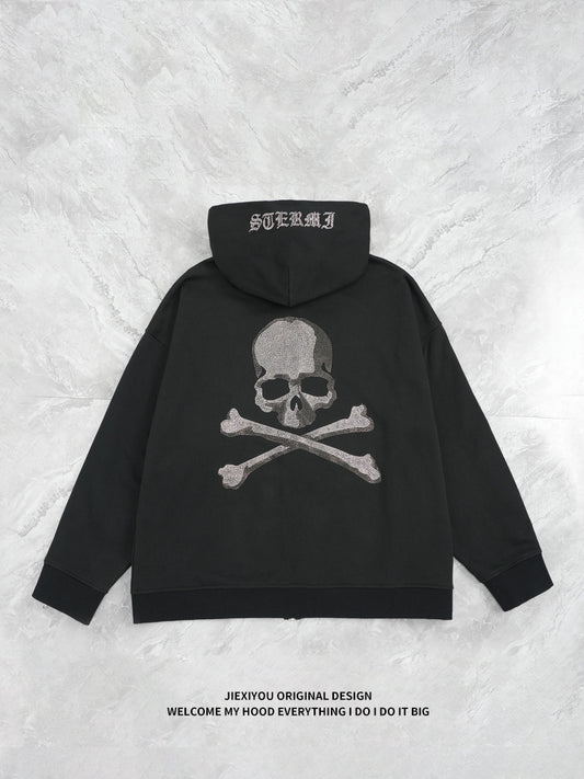 Men's Athletic Zip Hoodie - Heavy Rhinestone Pullover, Oversized Streetwear