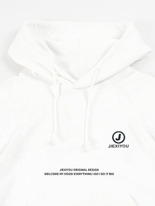 Unisex Cargo Drawstring Hoodie - Embroidered White Pullover, Streetwear Style