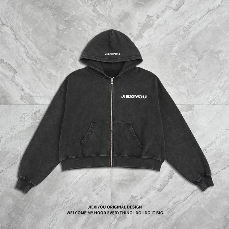 Embroidery Letter Zip Hoodie - Black Streetwear, Oversized Fit