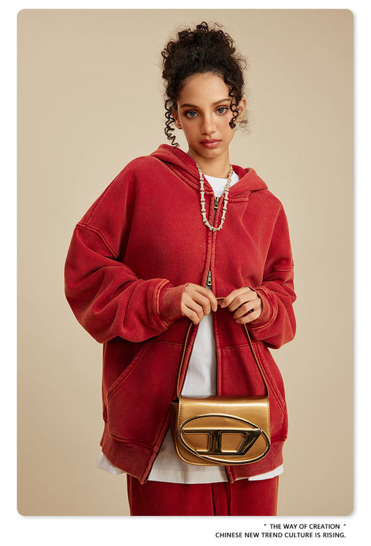 Unisex Washed Fleece Hoodie - Vintage Zip-Up, Double Zipper Design