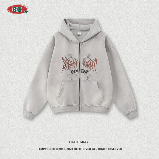 Men's Gothic Hoodie - Vintage Washed Zip-Up, Oversized Jacket