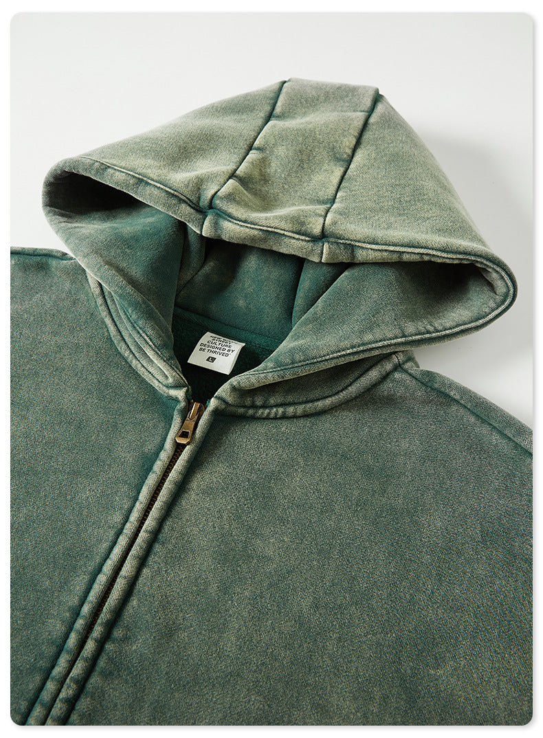 Unisex Washed Fleece Hoodie - Vintage Zip-Up, Double Zipper Design