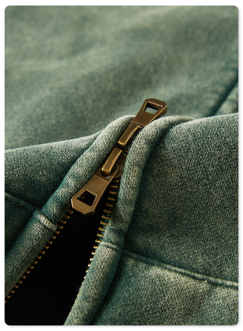 Unisex Washed Fleece Hoodie - Vintage Zip-Up, Double Zipper Design
