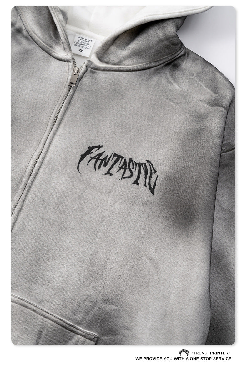 Men's Distressed Fleece Hoodie - Heavyweight Washed Pullover, High Street Style