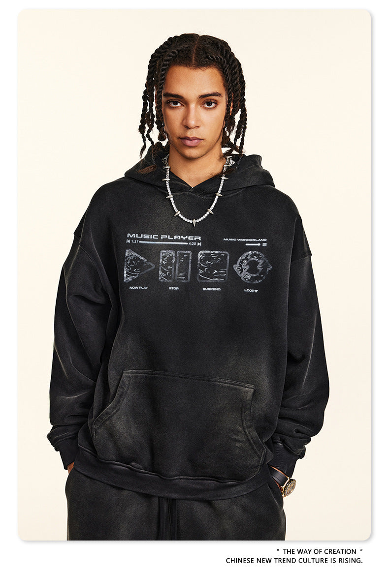 Men's Washed Print Hoodie - Distressed Graphic Pullover, Heavyweight Streetwear