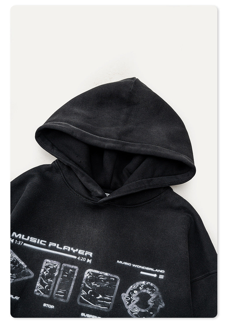 Men's Washed Print Hoodie - Distressed Graphic Pullover, Heavyweight Streetwear