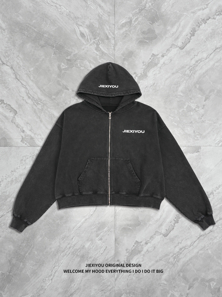 Embroidery Letter Zip Hoodie - Black Streetwear, Oversized Fit