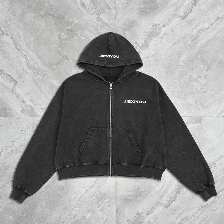 Embroidery Letter Zip Hoodie - Black Streetwear, Oversized Fit