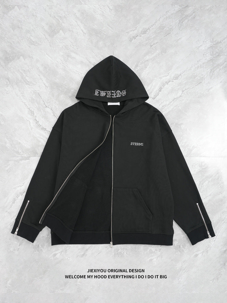 Men's Athletic Zip Hoodie - Heavy Rhinestone Pullover, Oversized Streetwear