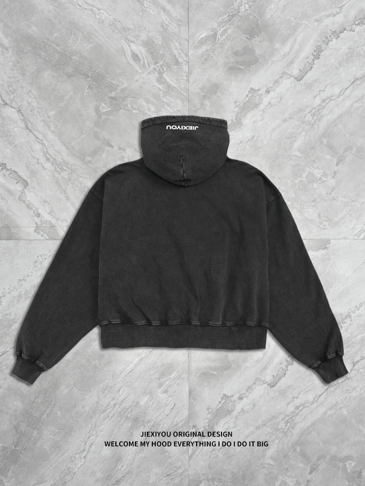 Embroidery Letter Zip Hoodie - Black Streetwear, Oversized Fit