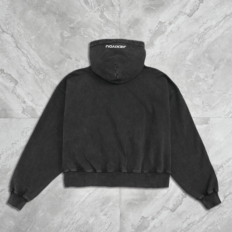 Embroidery Letter Zip Hoodie - Black Streetwear, Oversized Fit