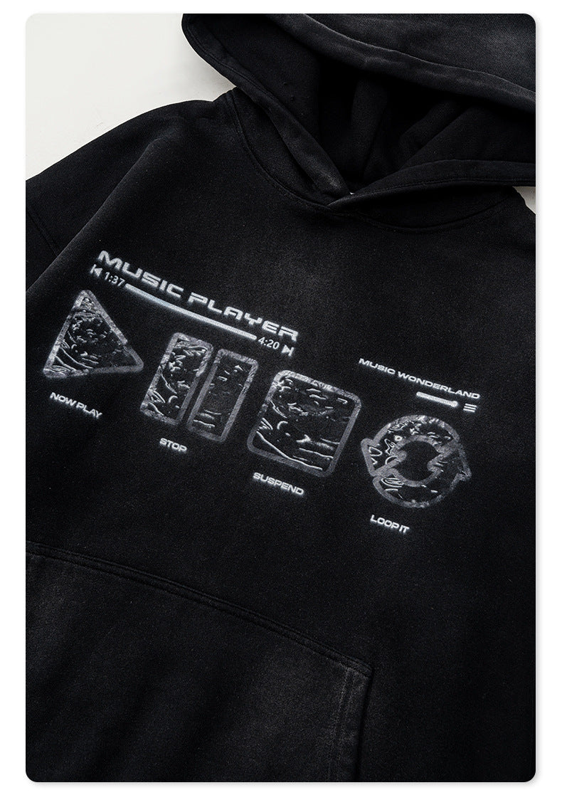 Men's Washed Print Hoodie - Distressed Graphic Pullover, Heavyweight Streetwear