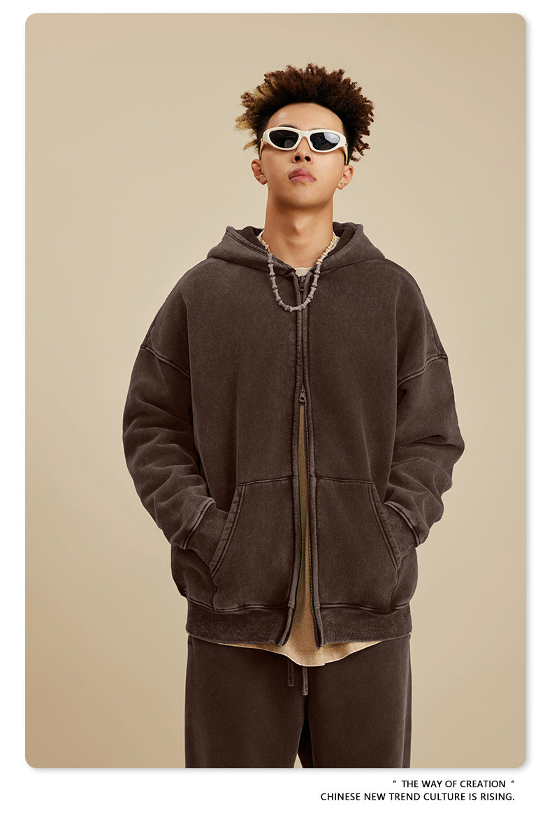 Unisex Washed Fleece Hoodie - Vintage Zip-Up, Double Zipper Design