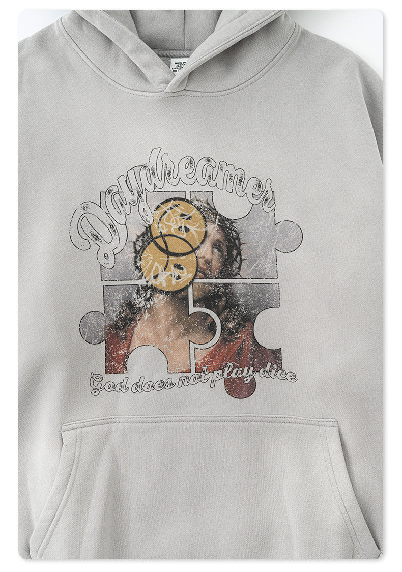 Men's Washed Print Hoodie - Abstract Graphic Pullover, Fleece Lined Streetwear