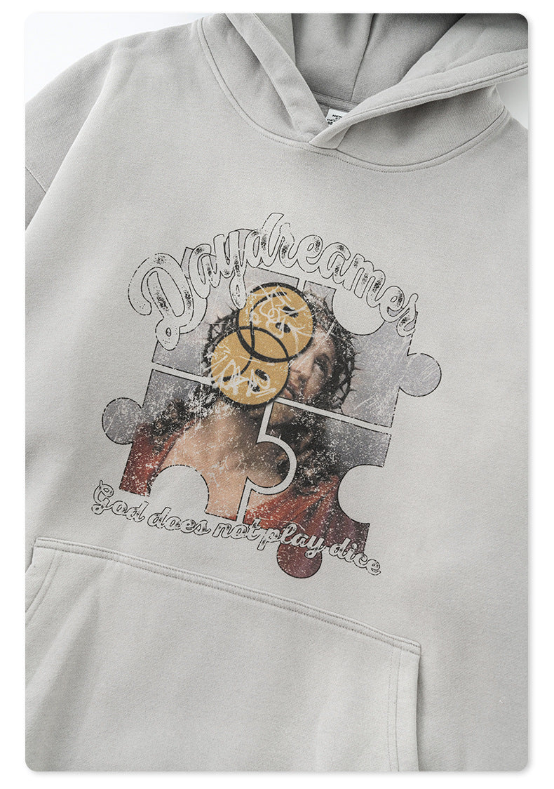 Men's Washed Print Hoodie - Abstract Graphic Pullover, Fleece Lined Streetwear