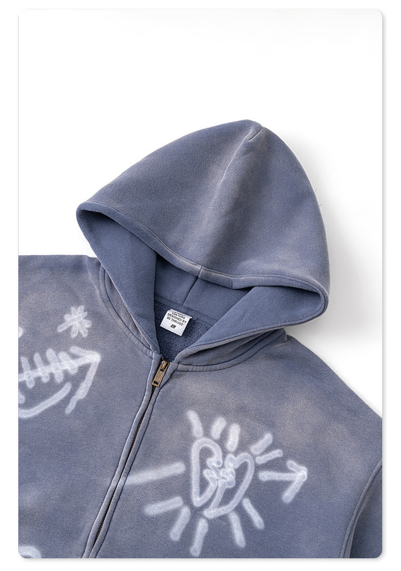 Men's Graphic Print Hoodie - Graffiti Zip-Up, Fleece Lined Jacket