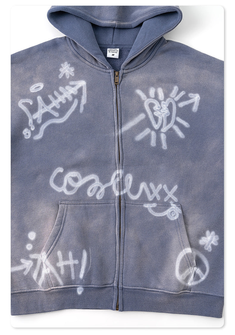 Men's Graphic Print Hoodie - Graffiti Zip-Up, Fleece Lined Jacket
