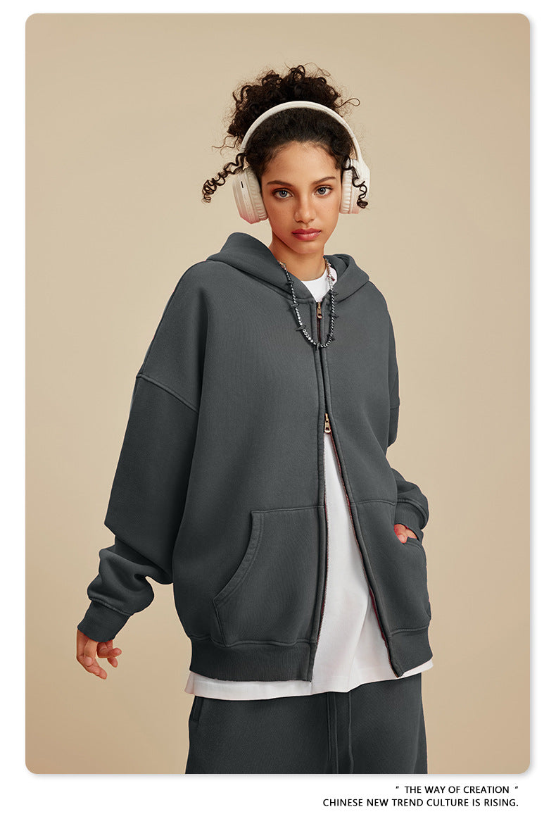 Unisex Washed Fleece Hoodie - Vintage Zip-Up, Double Zipper Design