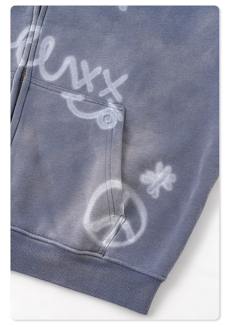 Men's Graphic Print Hoodie - Graffiti Zip-Up, Fleece Lined Jacket