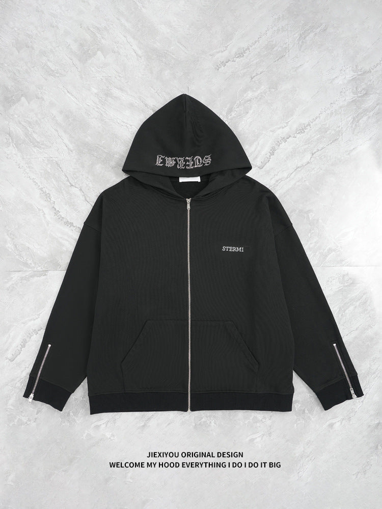 Men's Athletic Zip Hoodie - Heavy Rhinestone Pullover, Oversized Streetwear