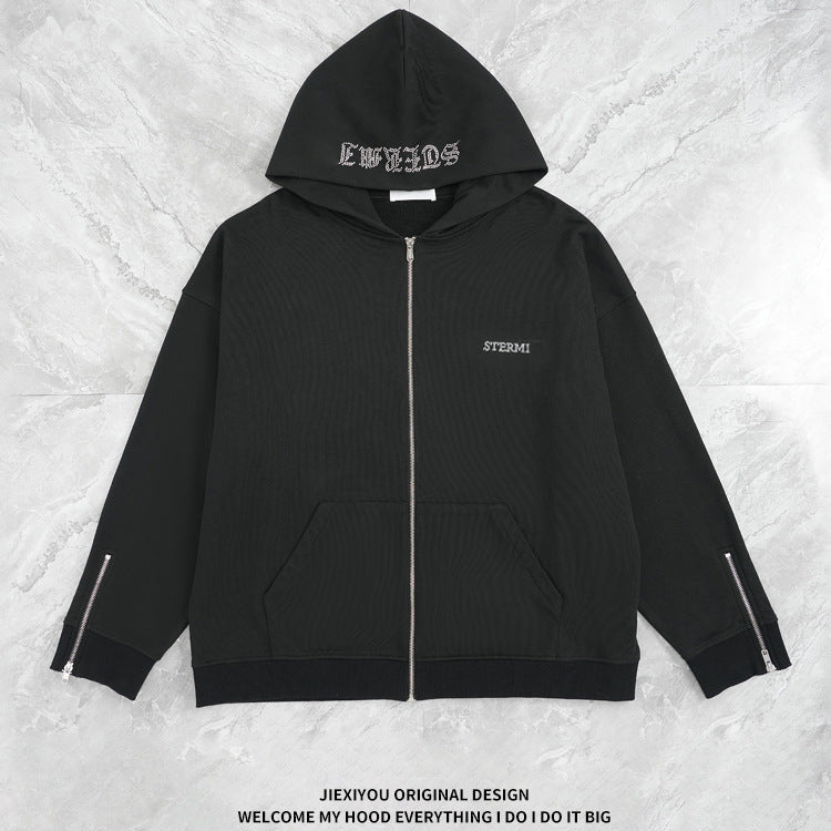 Men's Athletic Zip Hoodie - Heavy Rhinestone Pullover, Oversized Streetwear