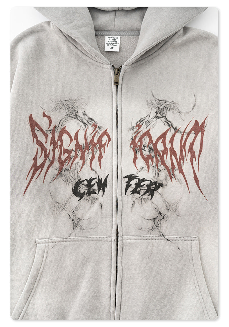 Men's Gothic Hoodie - Vintage Washed Zip-Up, Oversized Jacket