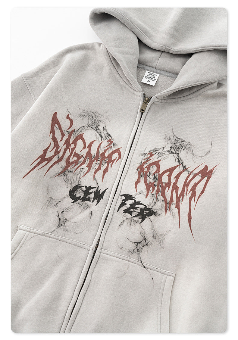 Men's Gothic Hoodie - Vintage Washed Zip-Up, Oversized Jacket