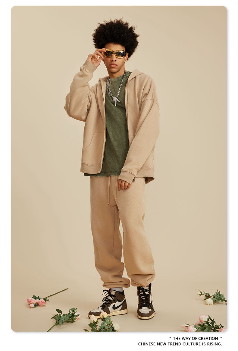 Unisex Washed Fleece Hoodie - Vintage Zip-Up, Double Zipper Design