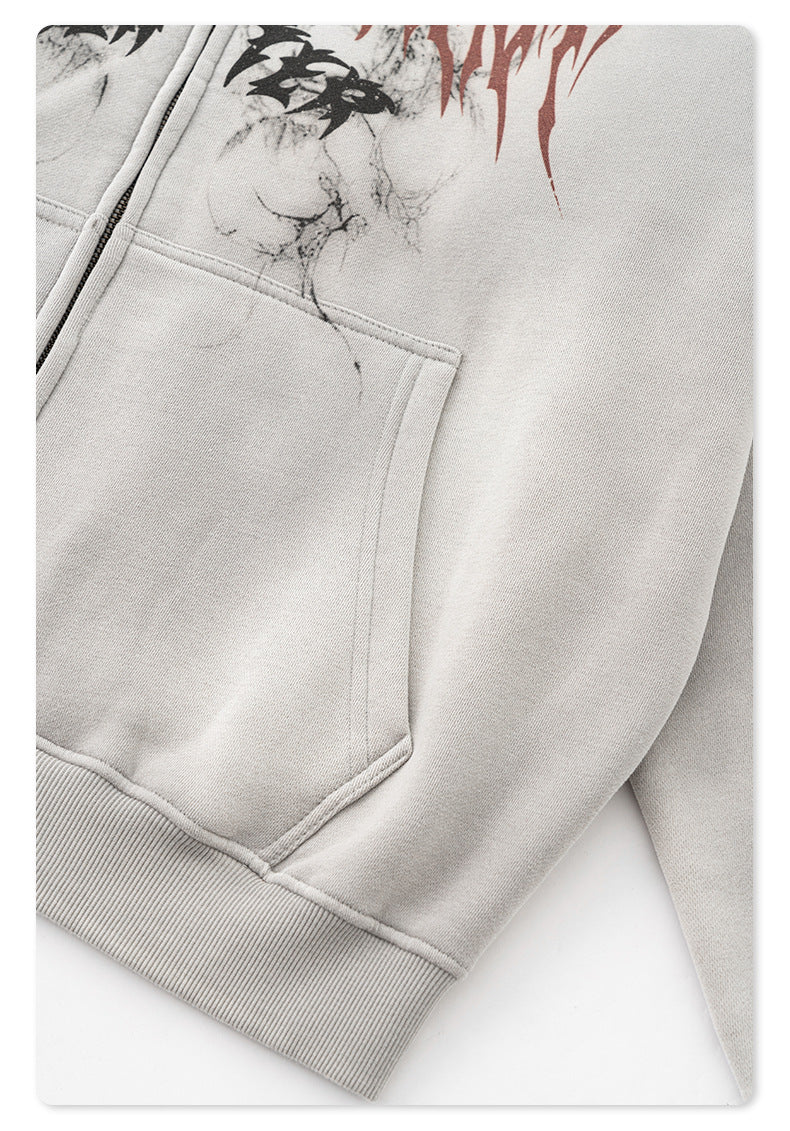 Men's Gothic Hoodie - Vintage Washed Zip-Up, Oversized Jacket