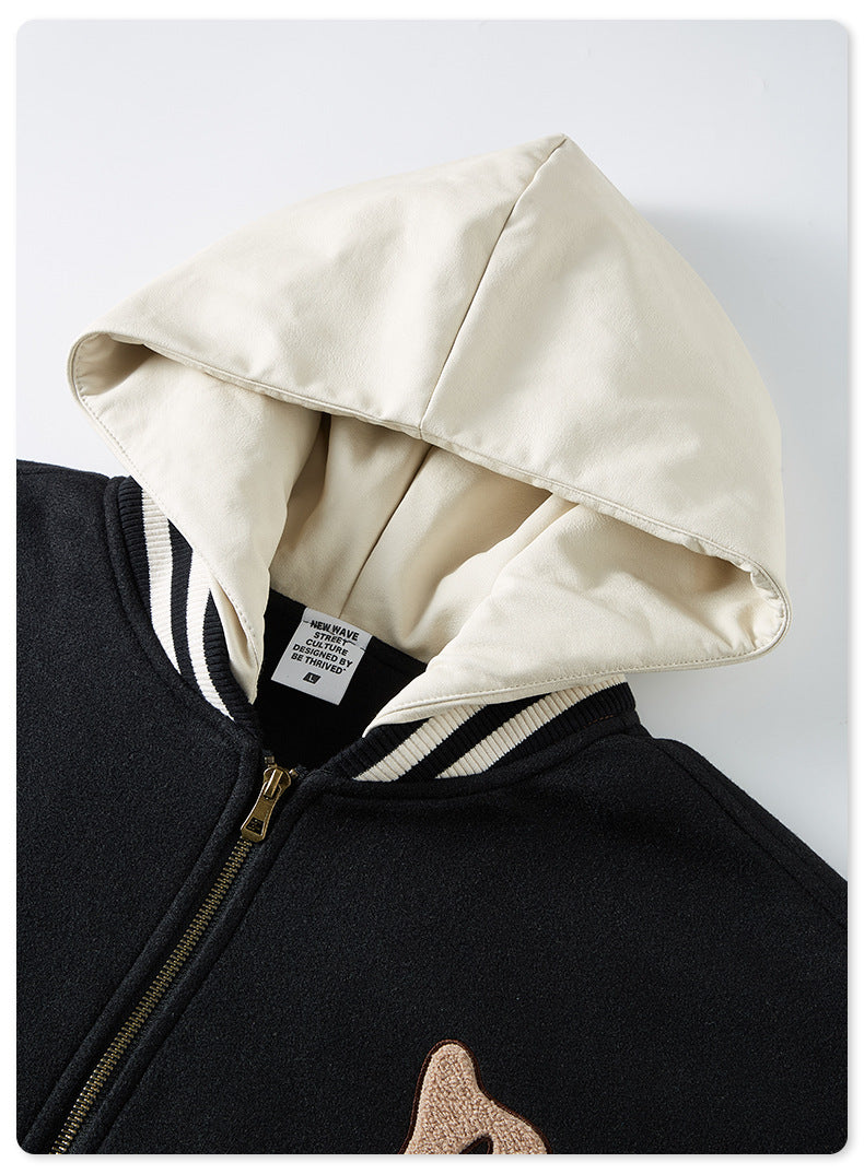 Men's Embroidered Baseball Jacket - Heavyweight Quilted Bomber, Hooded Jacket