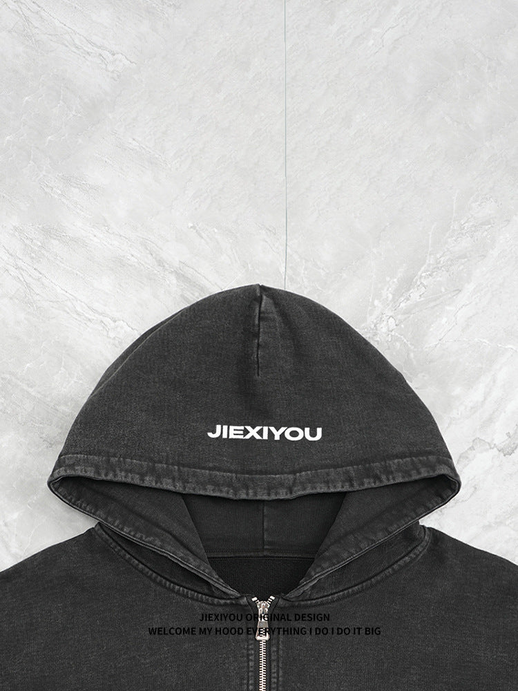 Embroidery Letter Zip Hoodie - Black Streetwear, Oversized Fit