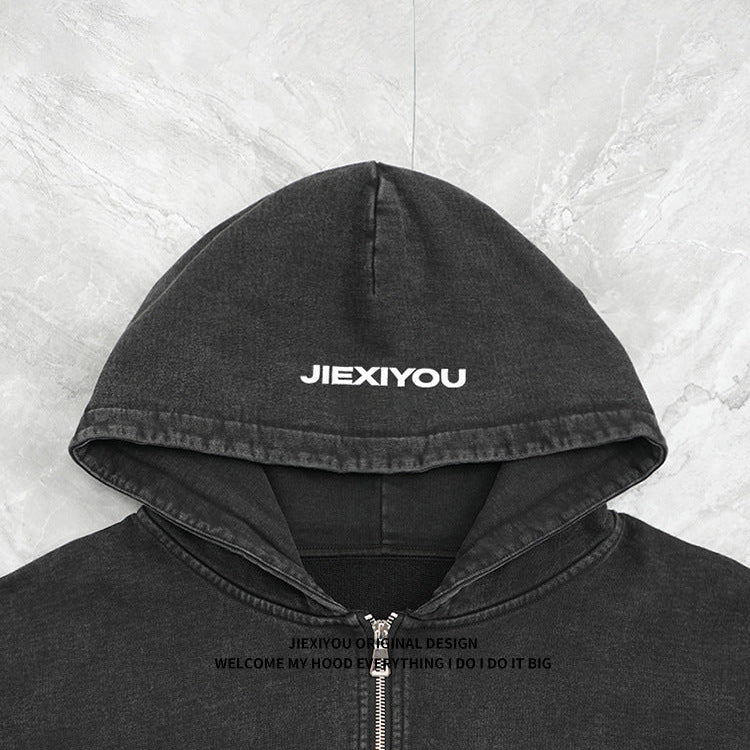 Embroidery Letter Zip Hoodie - Black Streetwear, Oversized Fit
