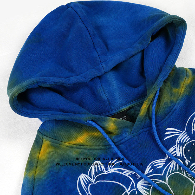 Unisex Vintage Tie Dye Hoodie - Embroidered Blue Pullover, Retro Streetwear