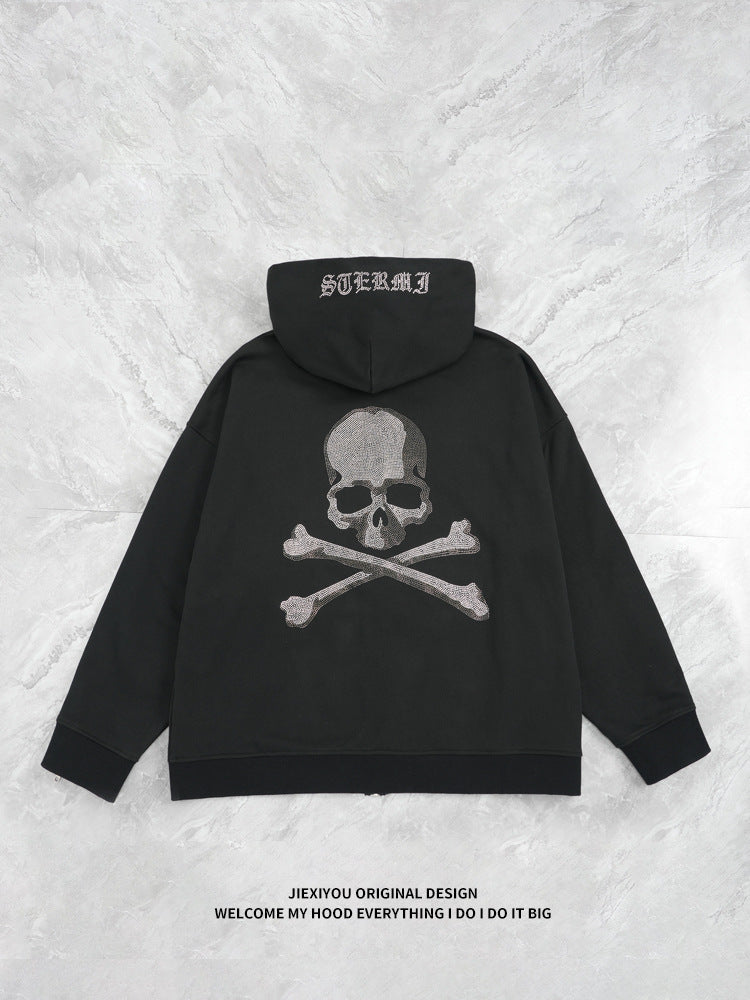 Men's Athletic Zip Hoodie - Heavy Rhinestone Pullover, Oversized Streetwear