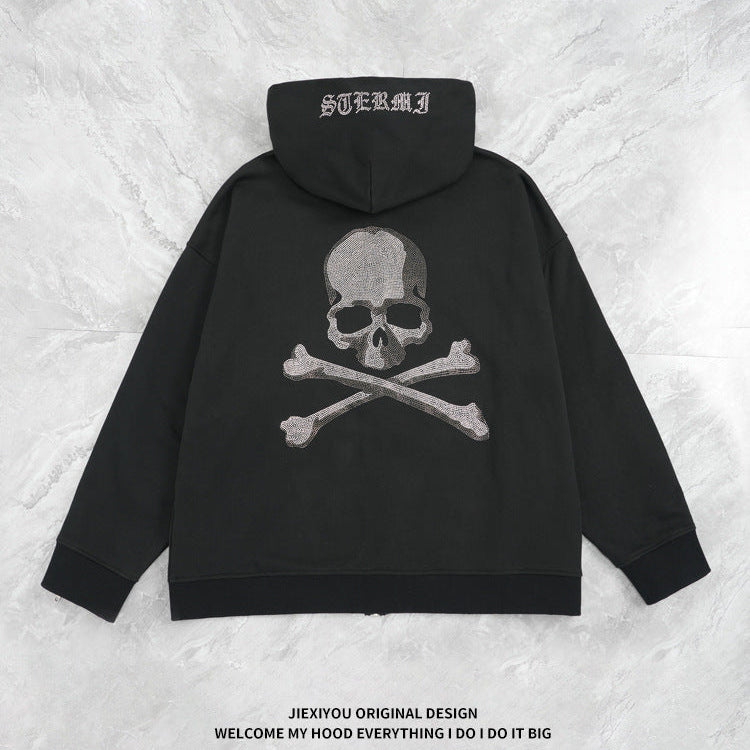 Men's Athletic Zip Hoodie - Heavy Rhinestone Pullover, Oversized Streetwear