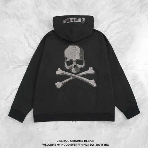 Men's Athletic Zip Hoodie - Heavy Rhinestone Pullover, Oversized Streetwear