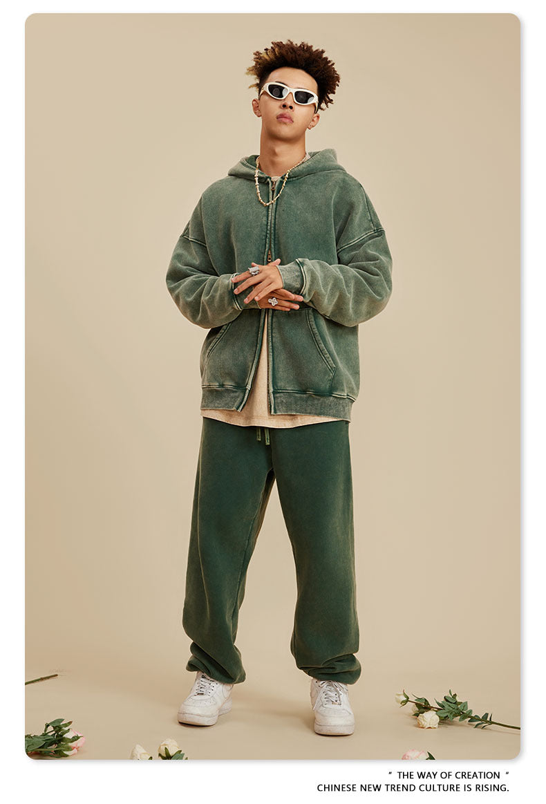 Unisex Washed Fleece Hoodie - Vintage Zip-Up, Double Zipper Design