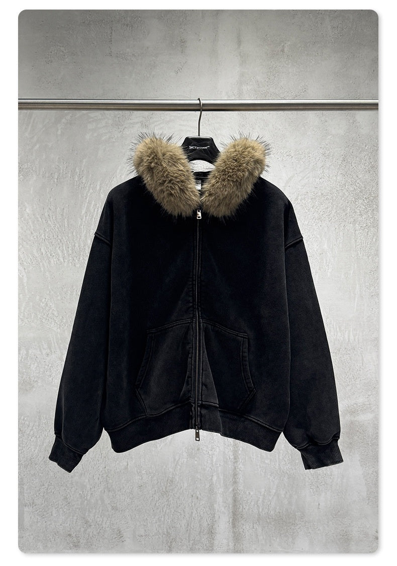 Men's Faux Fur Hoodie - Vintage Washed Zip-Up, Box Fit Jacket