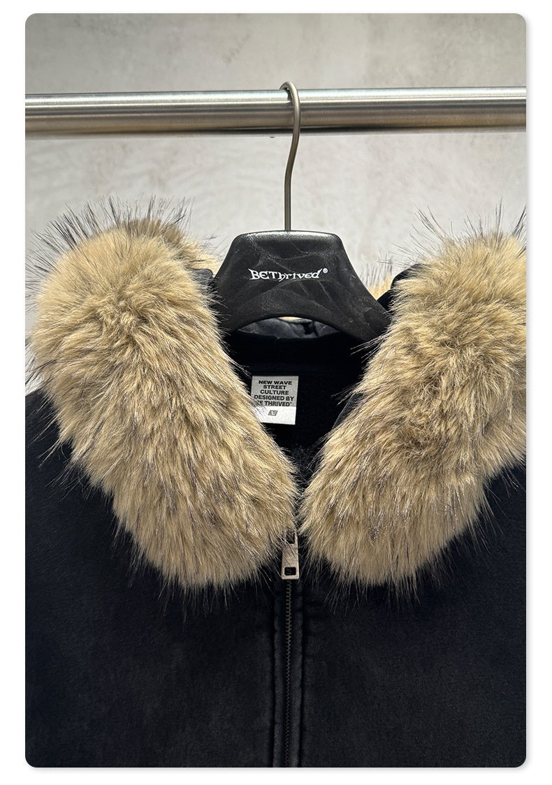 Men's Faux Fur Hoodie - Vintage Washed Zip-Up, Box Fit Jacket