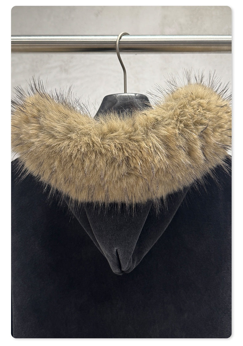 Men's Faux Fur Hoodie - Vintage Washed Zip-Up, Box Fit Jacket