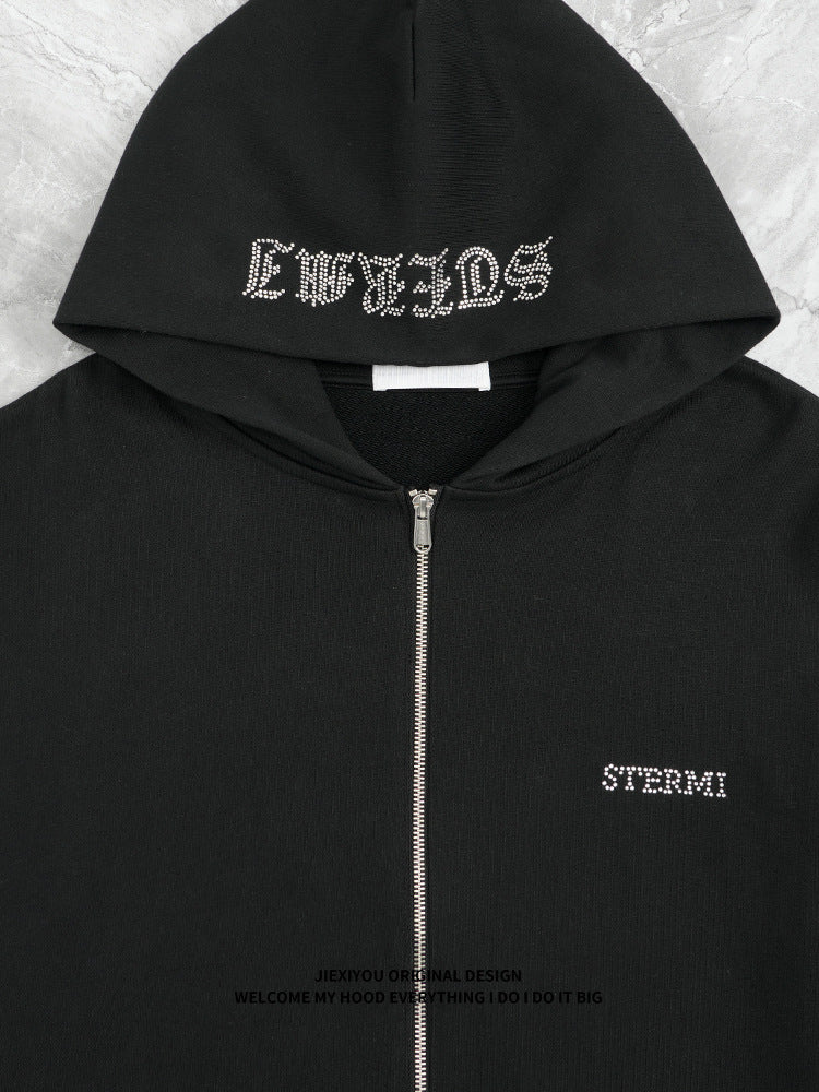 Men's Athletic Zip Hoodie - Heavy Rhinestone Pullover, Oversized Streetwear