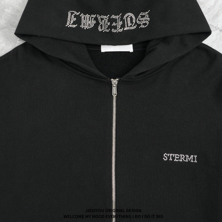 Men's Athletic Zip Hoodie - Heavy Rhinestone Pullover, Oversized Streetwear