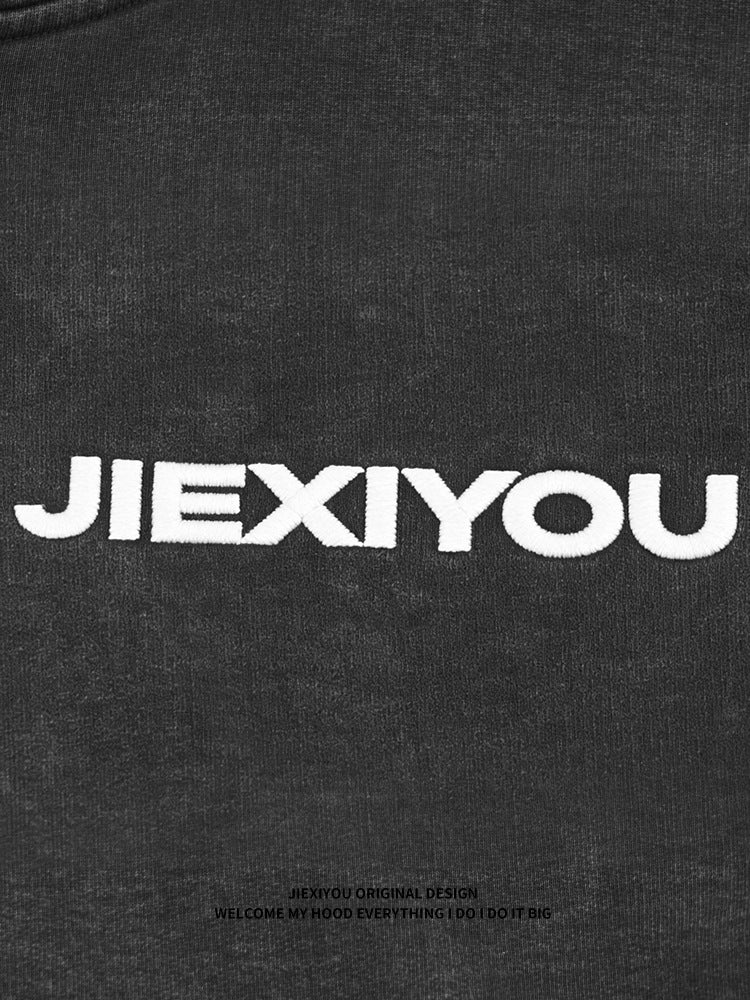 Embroidery Letter Zip Hoodie - Black Streetwear, Oversized Fit