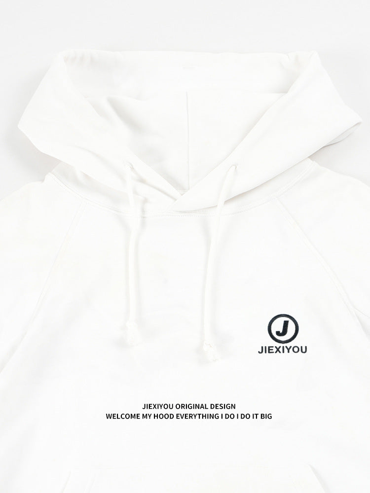 Unisex Cargo Drawstring Hoodie - Embroidered White Pullover, Streetwear Style