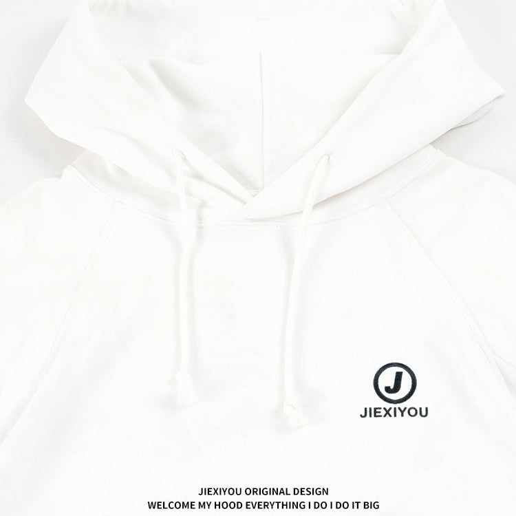 Unisex Cargo Drawstring Hoodie - Embroidered White Pullover, Streetwear Style