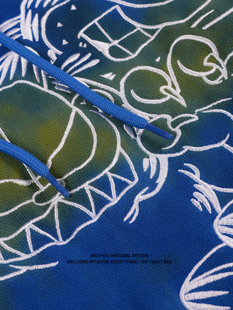 Unisex Vintage Tie Dye Hoodie - Embroidered Blue Pullover, Retro Streetwear